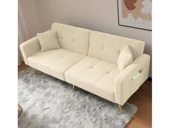 Sofá*Merax Sofá-cama de 2 lugares com mecanismo click-clack em tecido Sherpa - 175 x 64 x 72 cm - Pés dourados - Bege