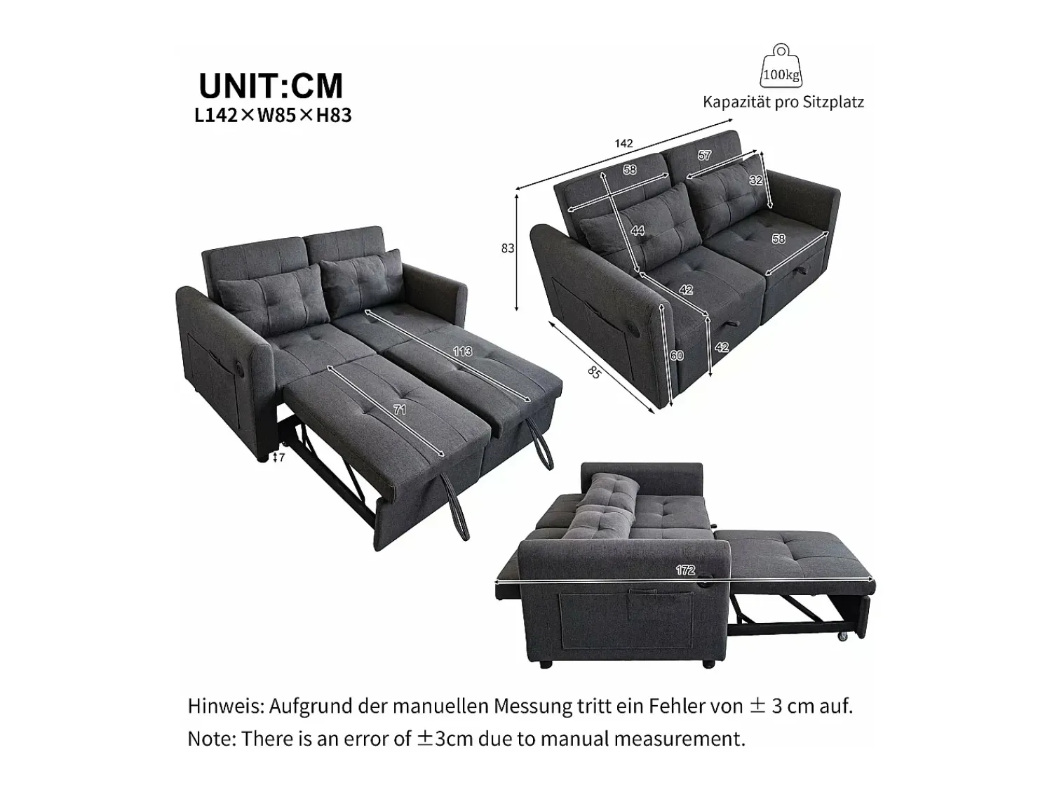 Merax Sofá-cama de 2 lugares em tecido de linho com encosto ajustável e porta USB, sofá-cama - 142 x 85 x 83 cm - Função Sleep - Cinza Cinzento