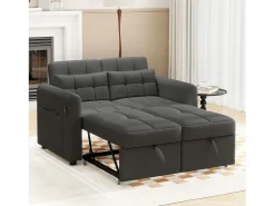 Merax Sofá-cama de 2 lugares em tecido de linho com encosto ajustável e porta USB, sofá-cama - 142 x 85 x 83 cm - Função Sleep - Cinza Cinzento