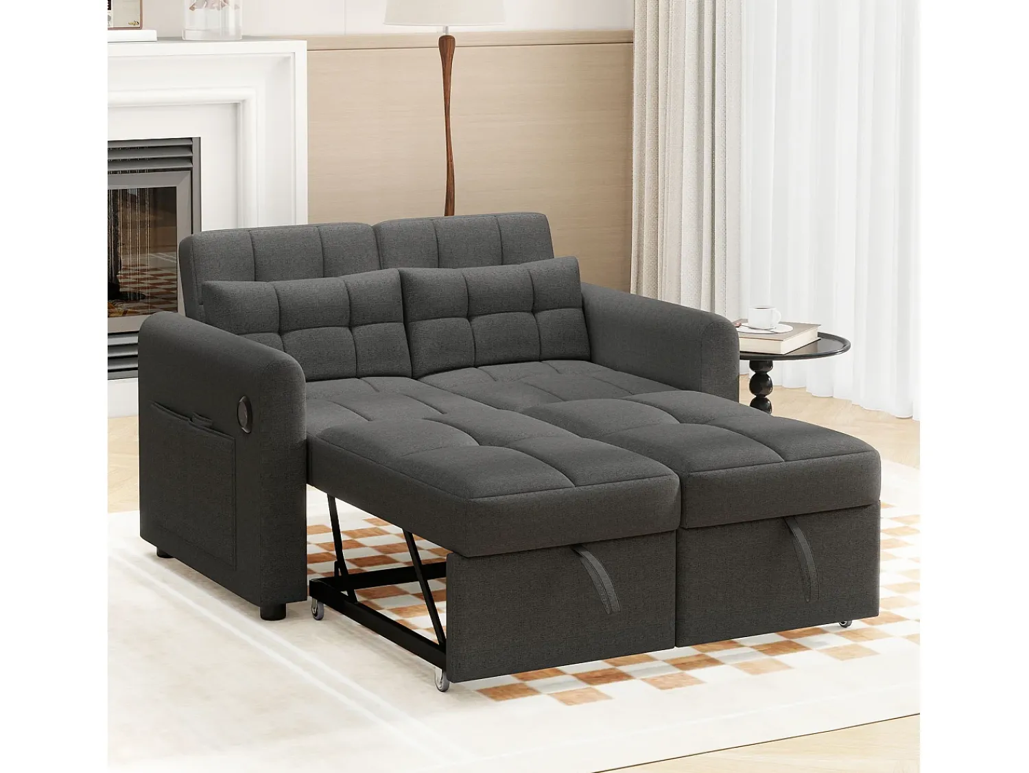 Merax Sofá-cama de 2 lugares em tecido de linho com encosto ajustável e porta USB, sofá-cama - 142 x 85 x 83 cm - Função Sleep - Cinza Cinzento
