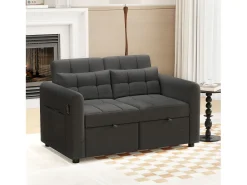 Merax Sofá-cama de 2 lugares em tecido de linho com encosto ajustável e porta USB, sofá-cama - 142 x 85 x 83 cm - Função Sleep - Cinza Cinzento