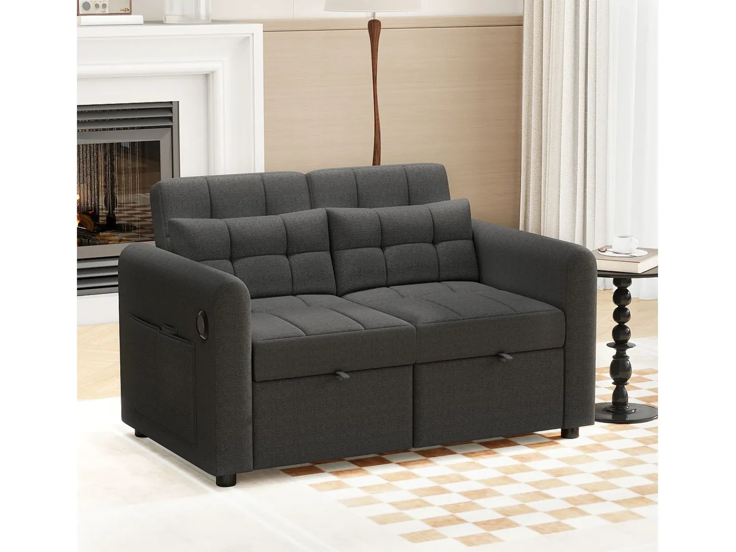 Merax Sofá-cama de 2 lugares em tecido de linho com encosto ajustável e porta USB, sofá-cama - 142 x 85 x 83 cm - Função Sleep - Cinza Cinzento