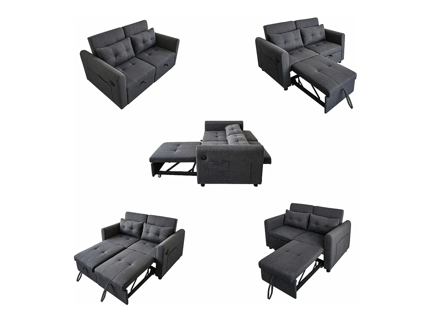 Merax Sofá-cama de 2 lugares em tecido de linho com encosto ajustável e porta USB, sofá-cama - 142 x 85 x 83 cm - Função Sleep - Cinza Cinzento