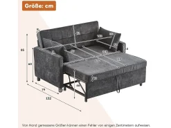 Sofá|Merax Sofá-cama de 2 lugares, sofá-cama dobrável em tecido chenille - 142 x 79/174 x 85 cm - com função sleep e encosto ajustável - Preto