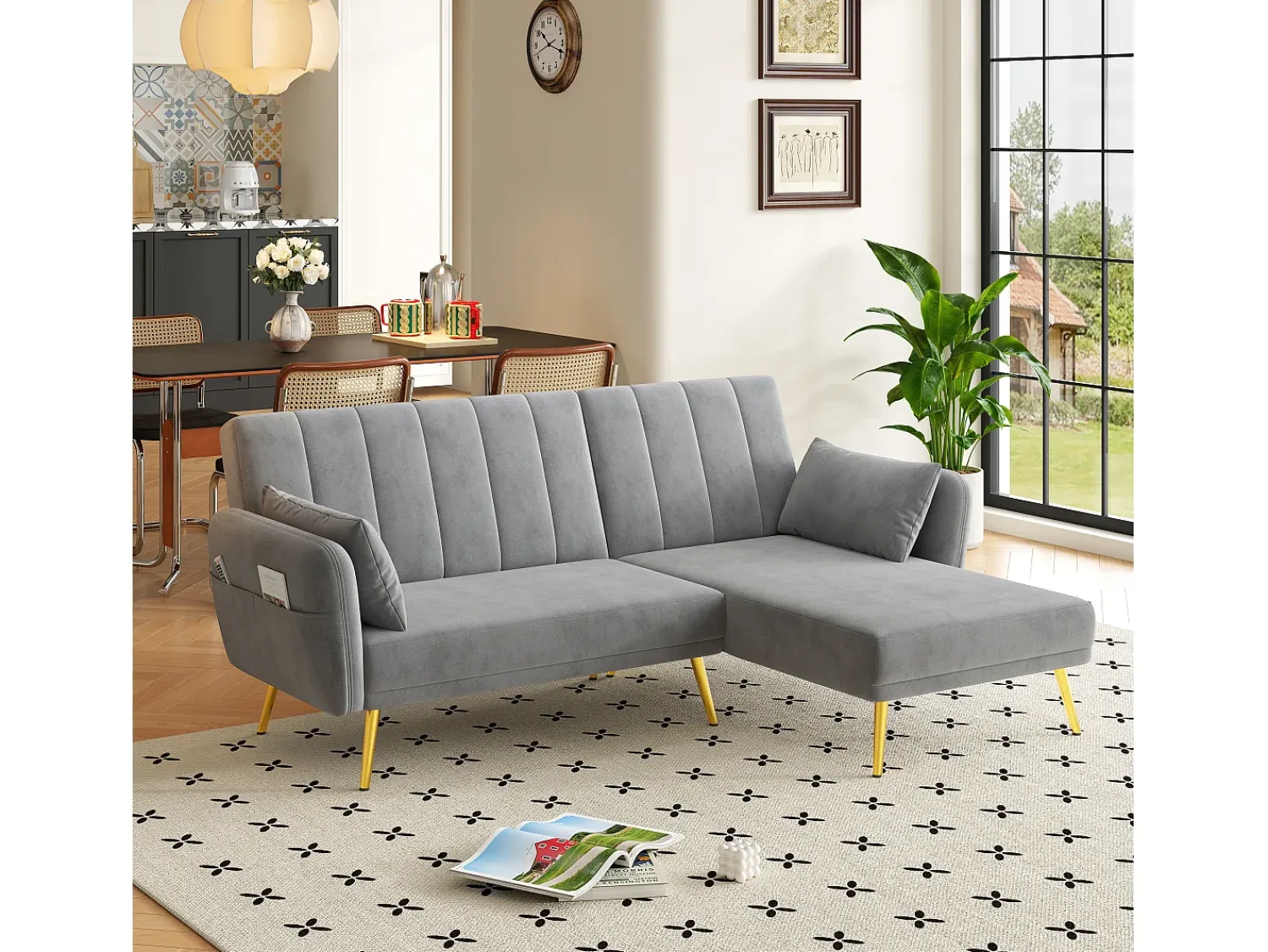 Online Hauss Spole Sofá-cama de canto de 3 lugares com chaise longue e encosto ajustável - Veludo Cinzento