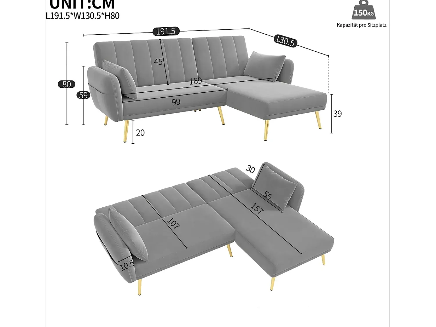 Online Hauss Spole Sofá-cama de canto de 3 lugares com chaise longue e encosto ajustável - Veludo Cinzento