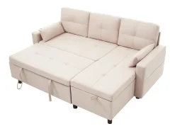 Sofá|Hauss Spole Sofá-cama de canto de 3 lugares em linho - Com compartimento de arrumação e suporte para copos embutido. Bege