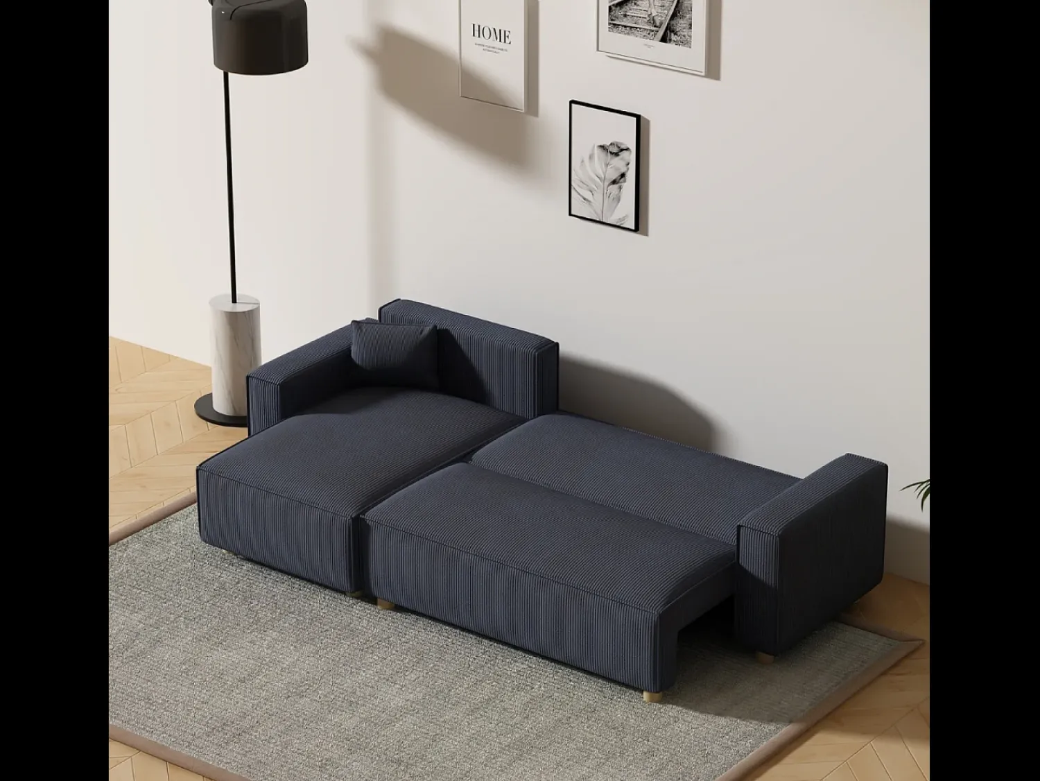 Sofá*Concept-Usine Sofá-Cama de Canto em Veludo Cotelê COSY 4 Lugares Azul