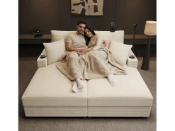 Sofá| Sofá-cama de casal conversível com entradas USB e porta-copos, Bege