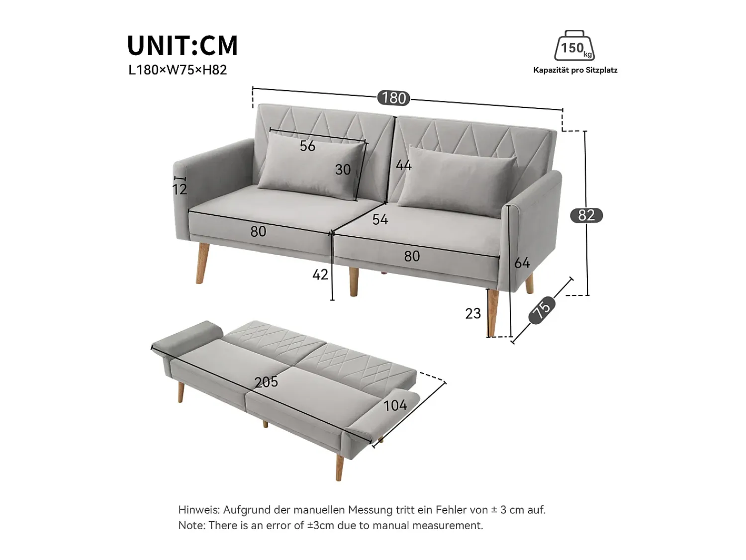 Hot Sofá-cama de veludo de dois lugares, dobrável e compacto. Perfeito como cama de hóspedes para espaços pequenos, salas de estar, quartos ou home theaters. Cinzento