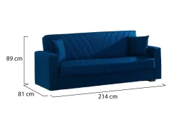 Sofá*Dmora Sofá-cama Dfoat, ofá-cama container linear de 3 lugare com 2 almofada incluída, Sofá da ala em tecido acolchoado com abertura click-clack, 214x81xh89 cm, Azul
