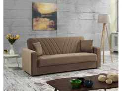 Dmora Sofá-cama Dfoat, ofá-cama container linear de 3 lugare com 2 almofada incluída, Sofá da ala em tecido acolchoado com abertura click-clack, 214x81xh89 cm,^ Sofá