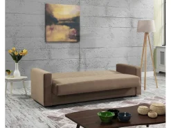 Dmora Sofá-cama Dfoat, ofá-cama container linear de 3 lugare com 2 almofada incluída, Sofá da ala em tecido acolchoado com abertura click-clack, 214x81xh89 cm,^ Sofá