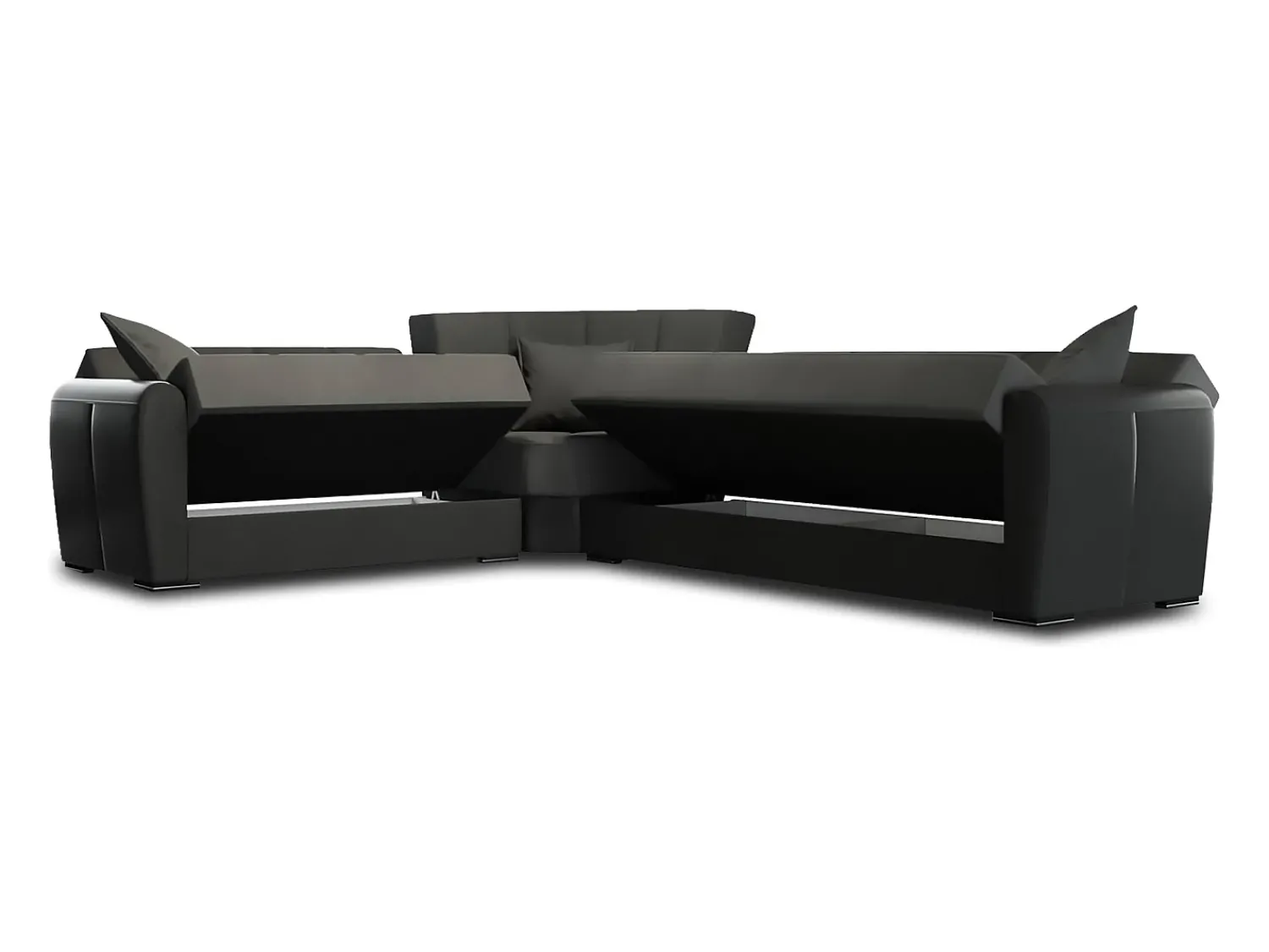 Dmora Sofá-cama Dgytkjæ, Sofá-cama de canto em couro ecológico e tecido, Sofá da sala com abertura click-clack e península reversível, 305x238h91 cm, Preto e Cinza Escuro^ Sofá