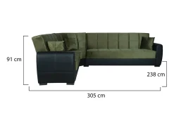 Dmora Sofá-cama Dgytkjæ, Sofá-cama de canto em couro ecológico e tecido, Sofá da sala com abertura click-clack e península reversível, 305x238h91 cm, Preto e Cinza Escuro^ Sofá