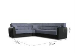 Sofá|Dmora Sofá-cama Dgytkjæ, Sofá-cama de canto em couro ecológico e tecido, Sofá da sala com abertura click-clack e península reversível, 305x238h91 cm, Preto e Cinza Cinzento