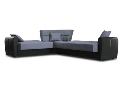 Sofá|Dmora Sofá-cama Dgytkjæ, Sofá-cama de canto em couro ecológico e tecido, Sofá da sala com abertura click-clack e península reversível, 305x238h91 cm, Preto e Cinza Cinzento