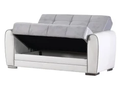 Dmora Sofá-cama Dlobuon, Sofá-cama container de canto em couro ecológico e tecido, Sofá da ala com abertura click-clack e penínula reverível, 163x84h91 cm, e Cinza^ Sofá