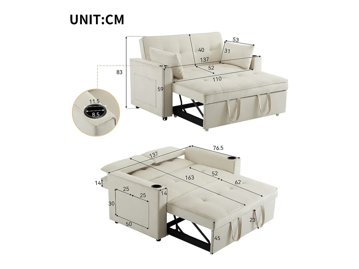 ModernLuxe Sofá-cama dobrável ajustável multiângulo - 2 lugares - Tecido de veludo - com suporte para copos e almofadas -^ Sofá