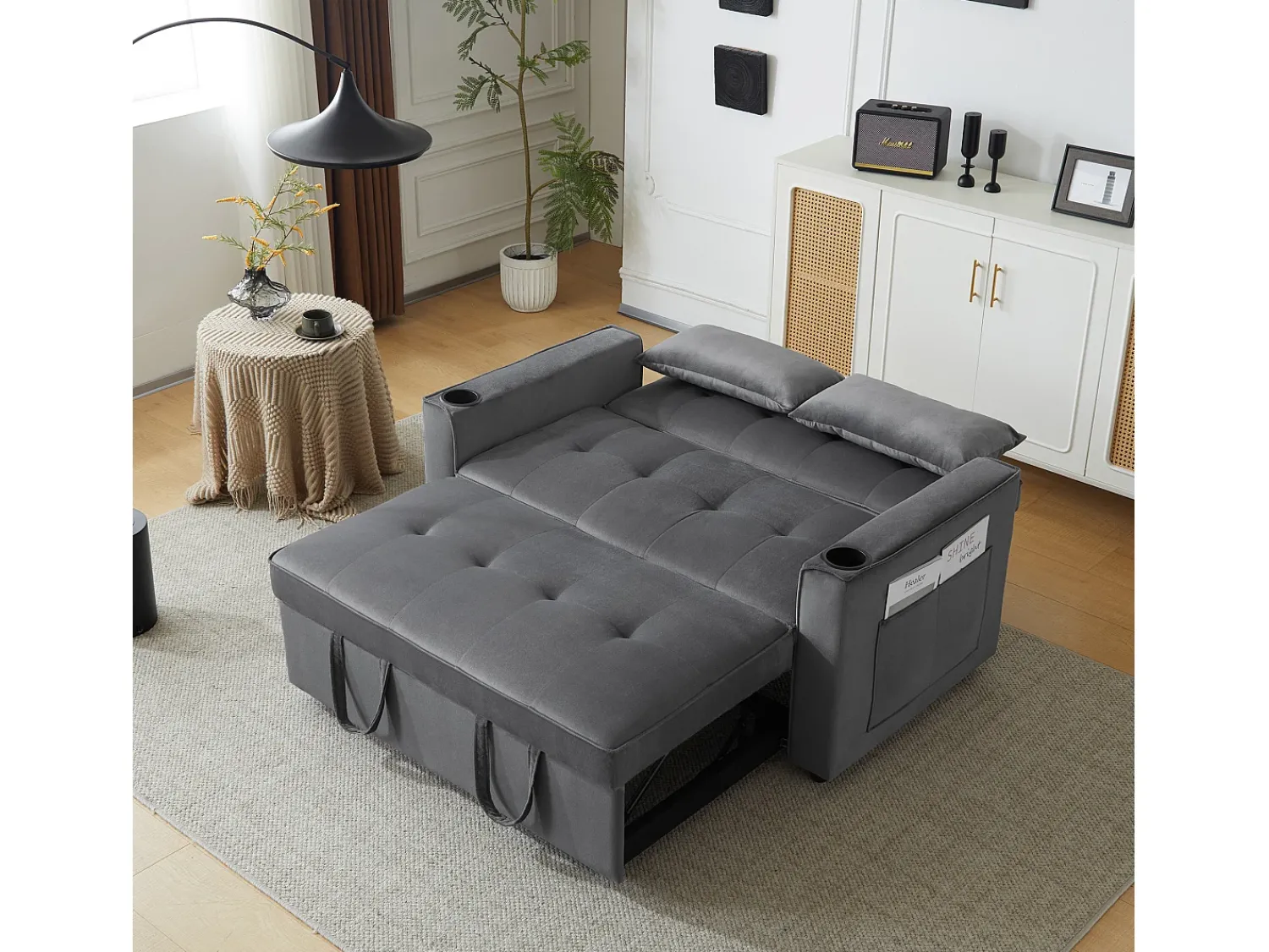 ModernLuxe Sofá-cama dobrável ajustável multiângulo - 2 lugares - Tecido de veludo - com suporte para copos e almofadas -^ Sofá