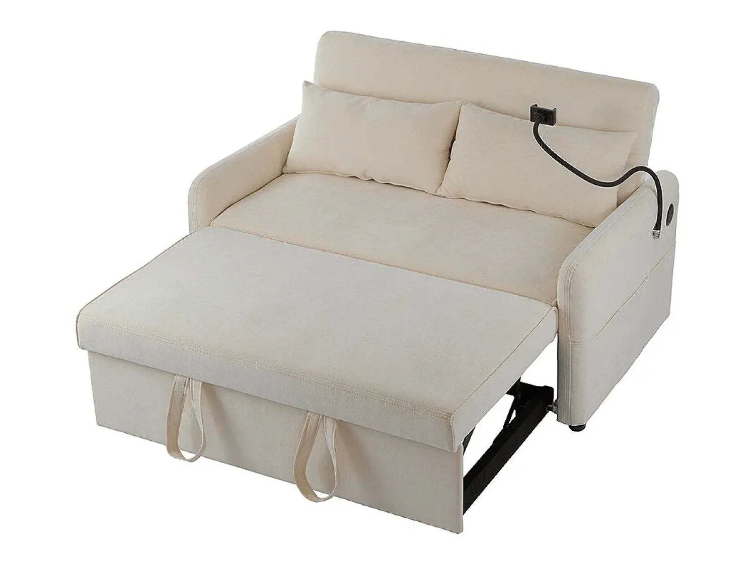 Sofá*KOMHTOM Sofá-cama dobrável moderno com dois lugares, encosto ajustável, suporte para telemóvel, porta de carregamento USB, Bege