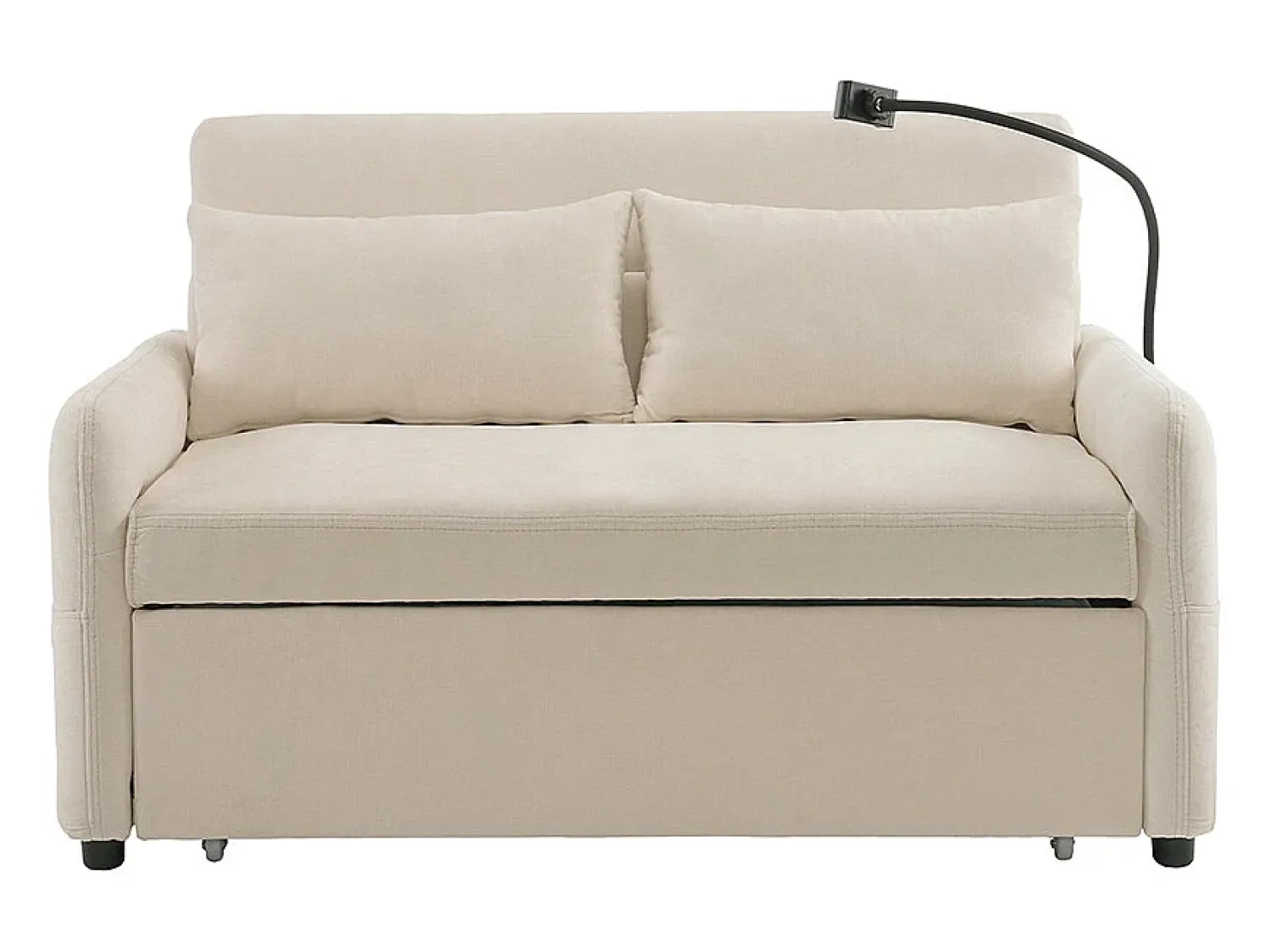 Sofá*KOMHTOM Sofá-cama dobrável moderno com dois lugares, encosto ajustável, suporte para telemóvel, porta de carregamento USB, Bege