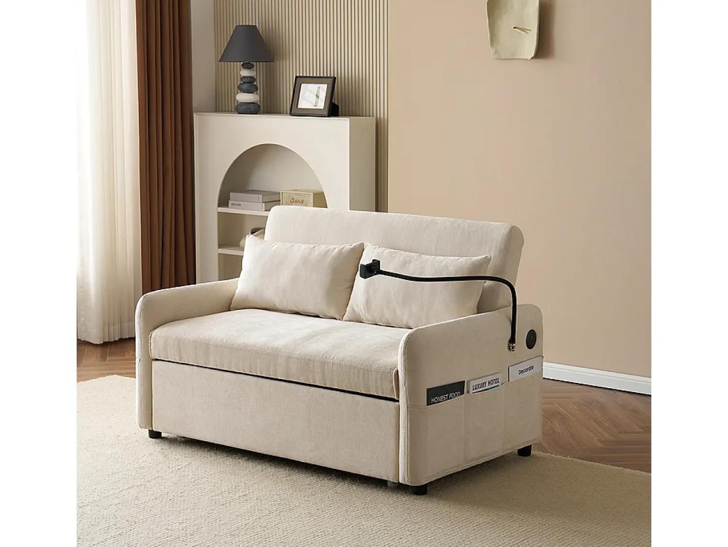 Sofá*KOMHTOM Sofá-cama dobrável moderno com dois lugares, encosto ajustável, suporte para telemóvel, porta de carregamento USB, Bege