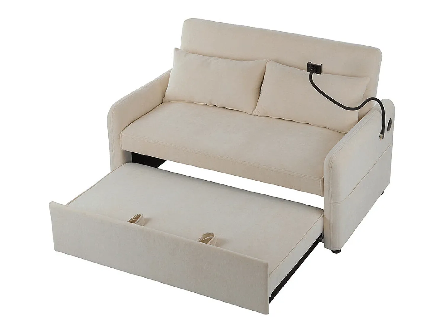 Sofá*KOMHTOM Sofá-cama dobrável moderno com dois lugares, encosto ajustável, suporte para telemóvel, porta de carregamento USB, Bege
