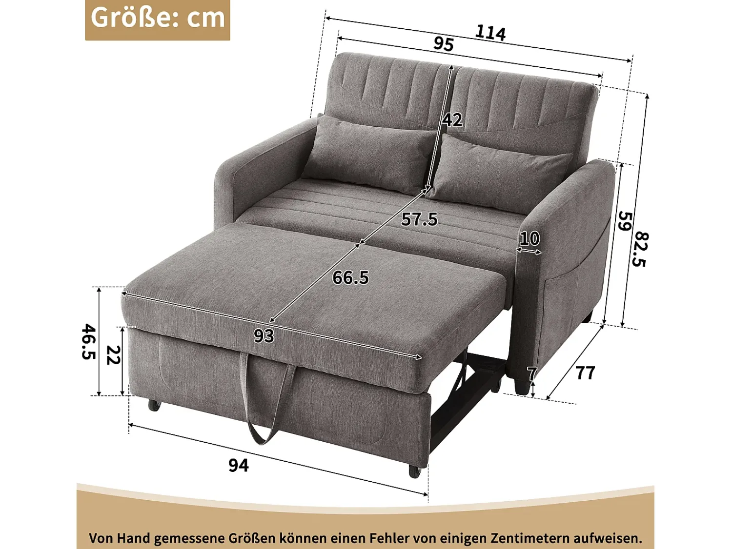 ModernLuxe Sofá-cama duplo 114 x 77 x 82.5 cm - encosto 3 níveis ajustável - tecido algodão-linho - cinza^ Sofá