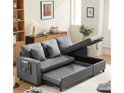 Sofá-cama em formato de L com espaço de armazenamento e chaise longue intercambiável.^ Sofá