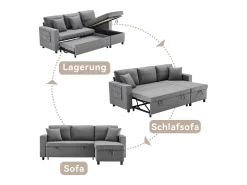 Hauss Spole Sofá-cama em L de 3 lugares com função de cama - Chaise longue com arrumação - Linho cinza escuro^ Sofá