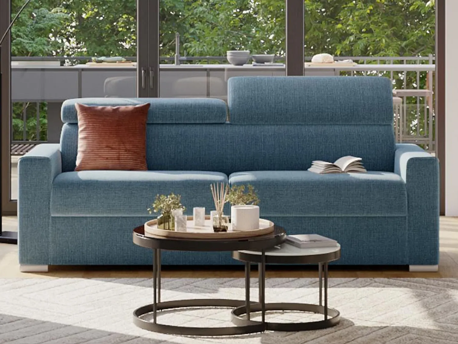 Sofá*Vente-unique Sofá-cama em tecido com assento com assento de memória de forma 140 colchão memória de forma 16cm VIZIR Azul