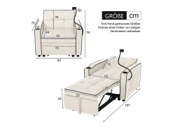 Poltrona* Sofá-cama individual retrátil 3 em 1 – com suporte para copos e suporte para telefone, sofá-cama, cadeira de dormir, cadeirão Bege