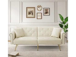 Merax Sofá-cama moderno de 2 lugares – 173 x 75 x 70 cm – encosto ajustável em 3 níveis + pernas de metal dourado – veludo –^ Sofá