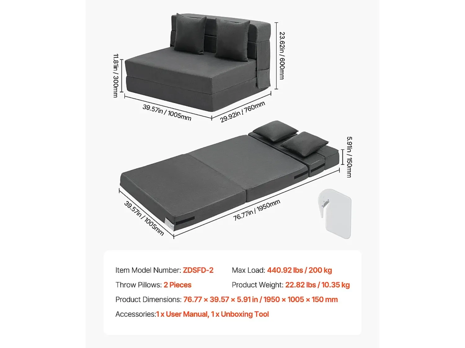 Sofá-cama Moderno, SucceBuy Sofá-cama Dobrável 3 em 1 com 2 Almofadas Twin -escuro^ Sofá