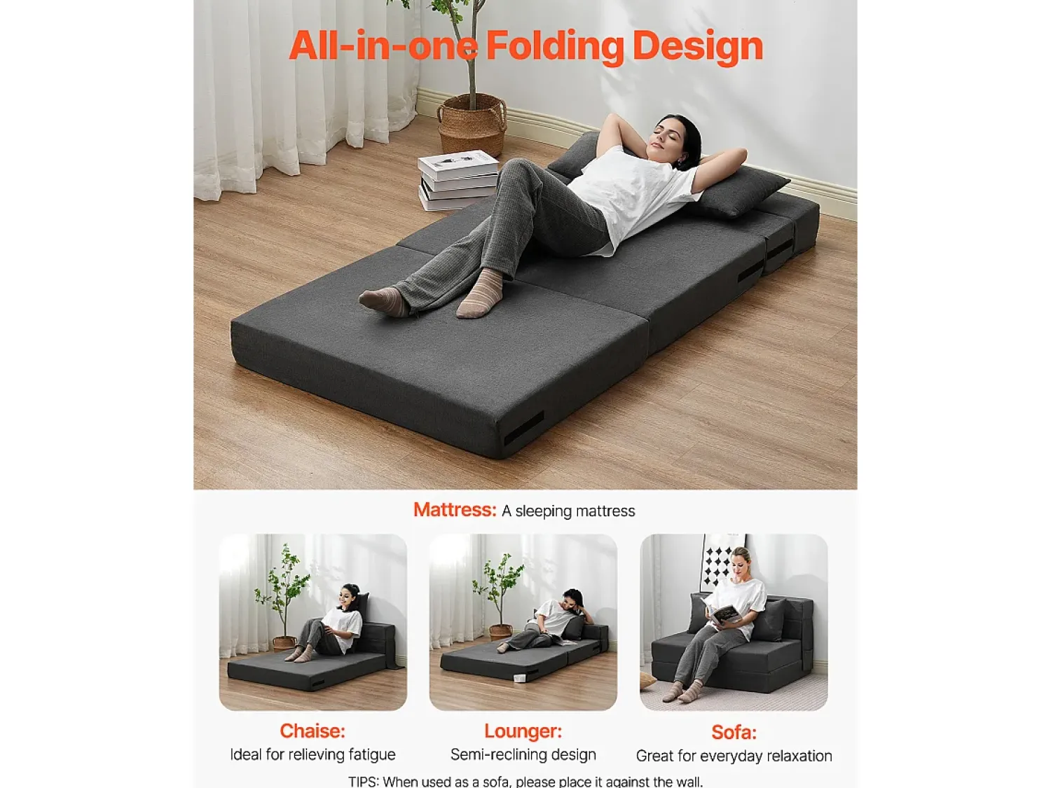 Sofá-cama Moderno, SucceBuy Sofá-cama Dobrável 3 em 1 com 2 Almofadas Twin -escuro^ Sofá