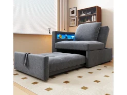 New ModernLuxe Sofá-cama multifuncional - encosto ajustável - braços com faixas luminosas LED - Porta USB/Type-C - Cinza Claro Cinzento claro