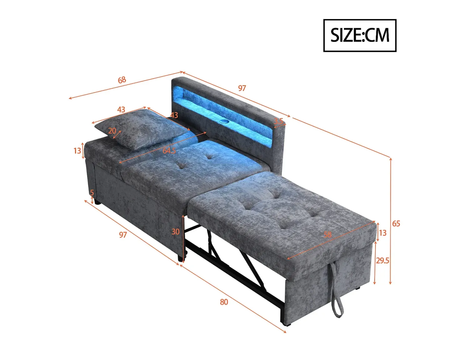 New ModernLuxe Sofá-cama multifuncional - encosto ajustável - braços com faixas luminosas LED - Porta USB/Type-C - Cinza Claro Cinzento claro