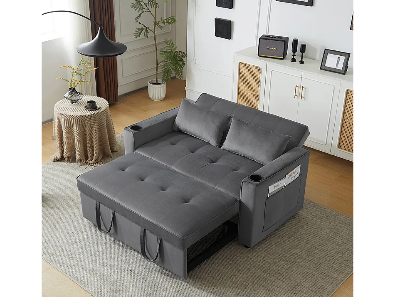 Discount KOMHTOM Sofá-cama multifuncional com função de dormir, sofá-cama com suporte para copos e almofadas, cinzento Preto