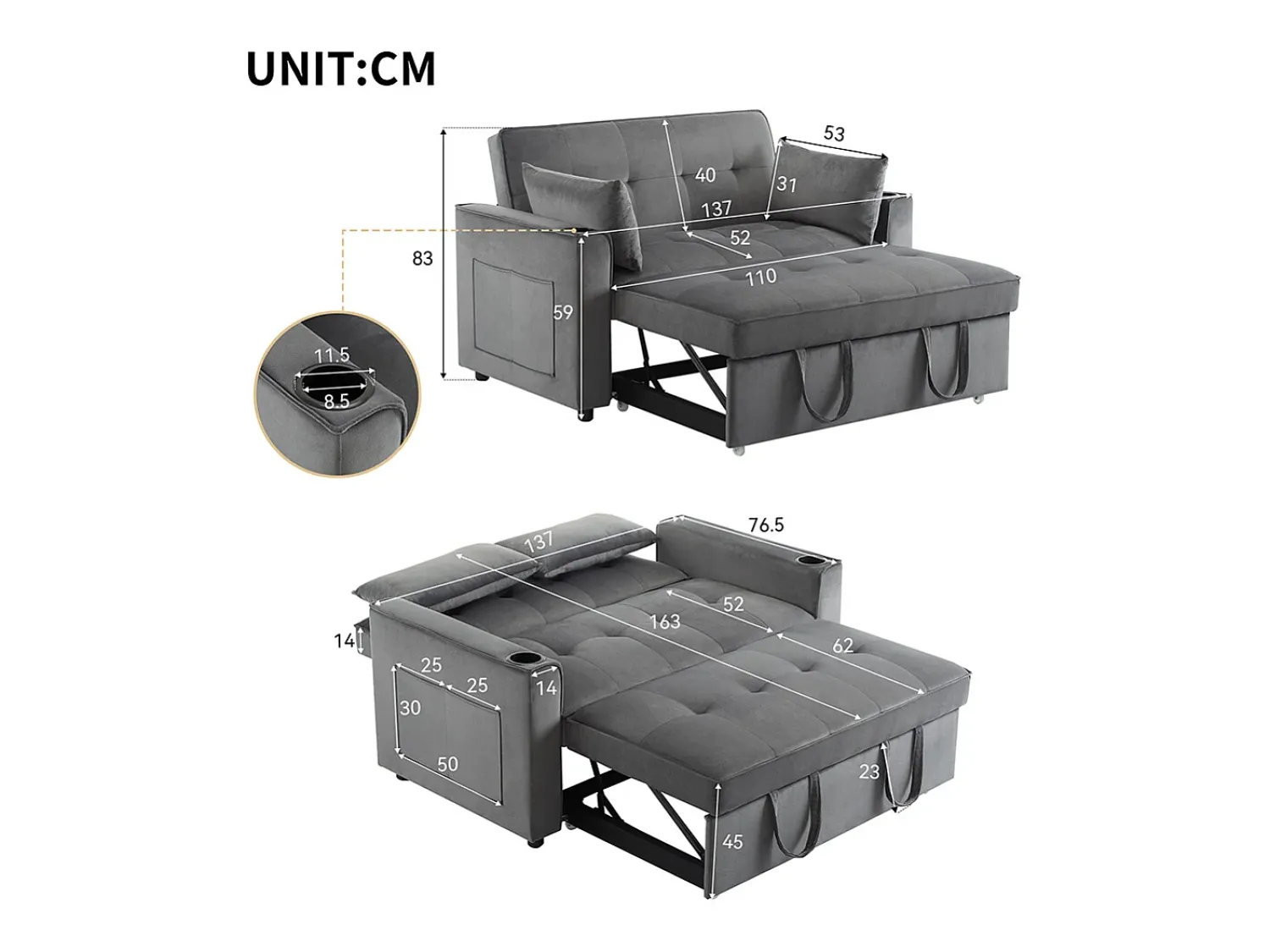 Discount KOMHTOM Sofá-cama multifuncional com função de dormir, sofá-cama com suporte para copos e almofadas, cinzento Preto