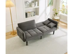 Hauss Spole Sofá-cama reto de 2 lugares em veludo cinza com pés de madeira preta, encosto dobrável - 176x78x76cm^ Sofá