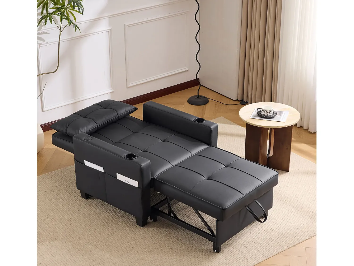 Discount Sofá-cama retrátil 3 em 1 com porta-copos e porta USB, sofá-cama ajustável como poltrona ou cama, economizando espaço em cômodos pequenos Preto