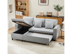 Sofá*KOMHTOM Sofá-cama, sofá em forma de L, espaço de arrumação, bolsos para copos, reversível, cinzento Cinzento claro