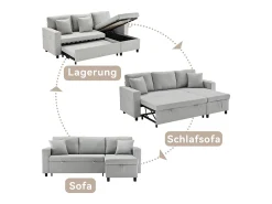 Sofá*KOMHTOM Sofá-cama, sofá em forma de L, espaço de arrumação, bolsos para copos, reversível, cinzento Cinzento claro