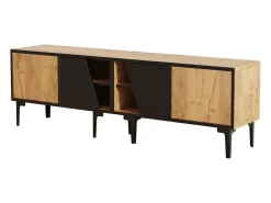 Móvel De Tv| Suporte baixo para TV, 160 × 36,5 × 45 cm, cor madeira natural, 4 prateleiras, para TVs de até 65 polegadas, sala de estar. Preto