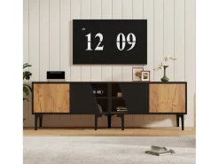 Móvel De Tv| Suporte baixo para TV, 160 × 36,5 × 45 cm, cor madeira natural, 4 prateleiras, para TVs de até 65 polegadas, sala de estar. Preto