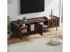 Móvel De Tv| Suporte baixo para TV, 160×40×47 cm, cor nogueira, design vazado, em MDF, para TVs de até 65 polegadas, para sala de estar. Castanho