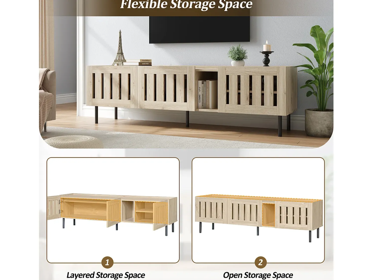 Móvel De Tv* Suporte baixo para TV, 160×40×47 cm, cor natural, design vazado, em MDF, para TVs de até 65 polegadas, para sala de estar. Natural claro