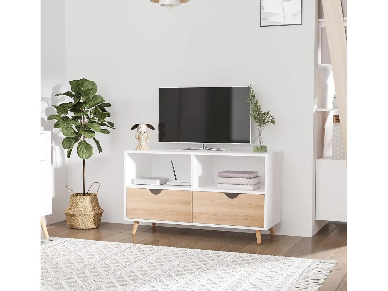 Discount Suporte baixo para TV com pés, estilo escandinavo, 2 gavetas, acabamento em carvalho claro e . Branco