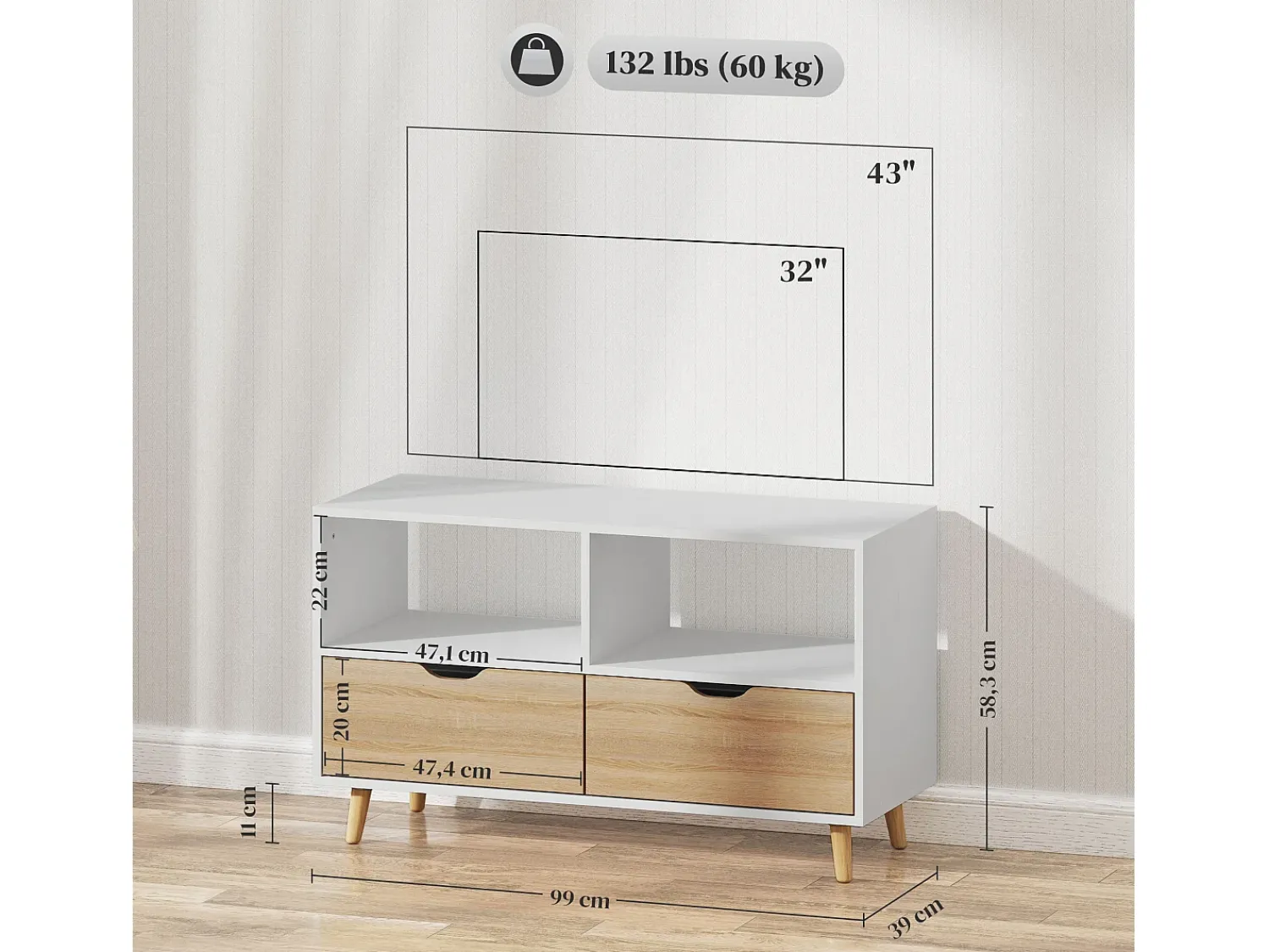 Discount Suporte baixo para TV com pés, estilo escandinavo, 2 gavetas, acabamento em carvalho claro e . Branco